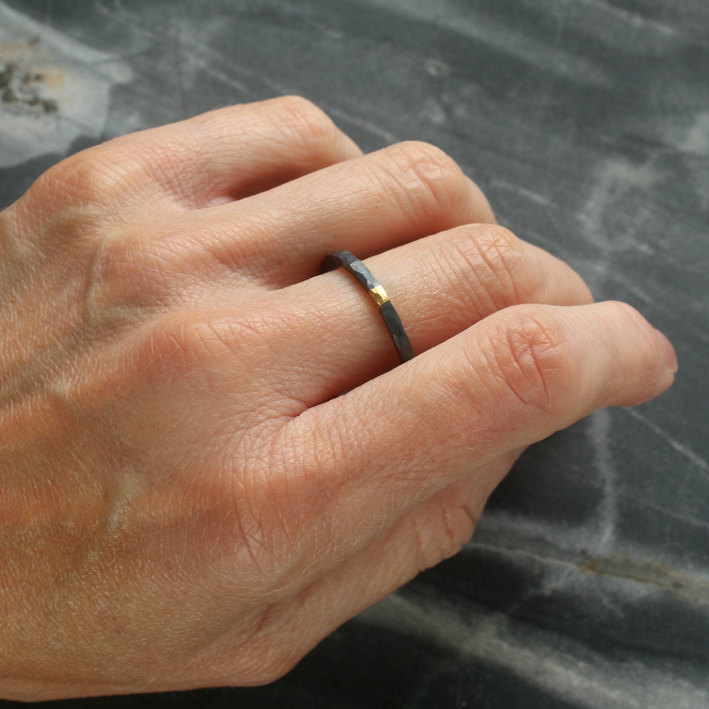 Oxidised Hammered Silver & Gold 2mm Ring image 3