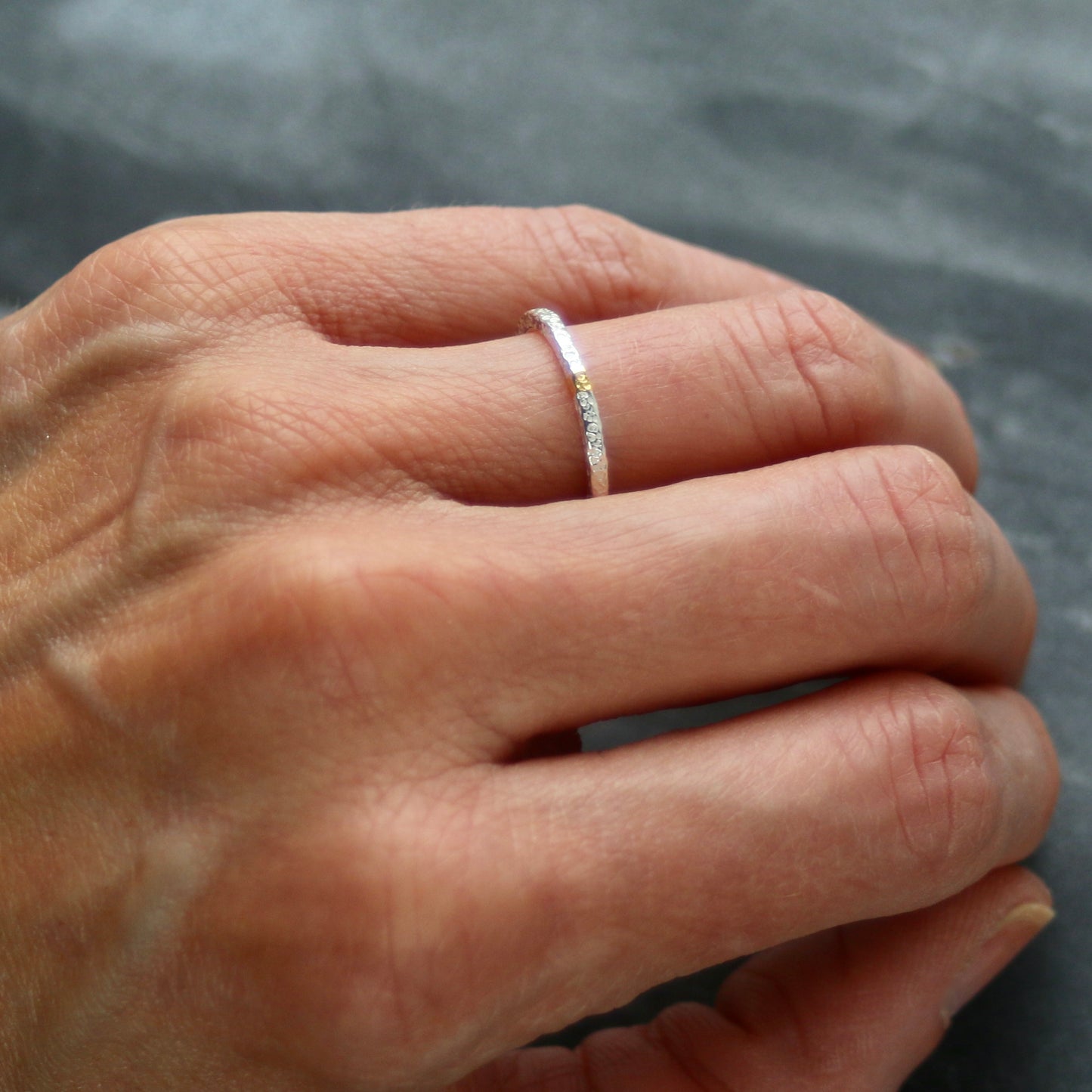 Dot Textured Silver & Gold Textured Skinny Stacking Ring image 5