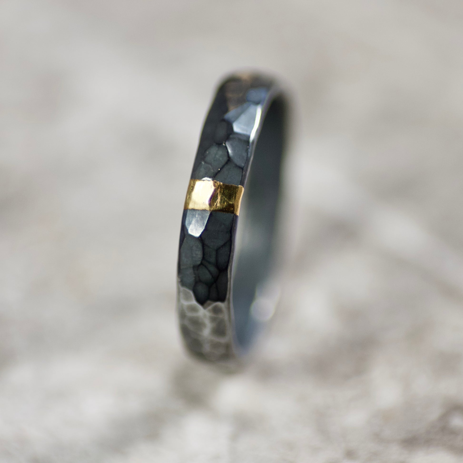 Hammered Oxidised Silver & Gold Textured 4mm Ring image 3