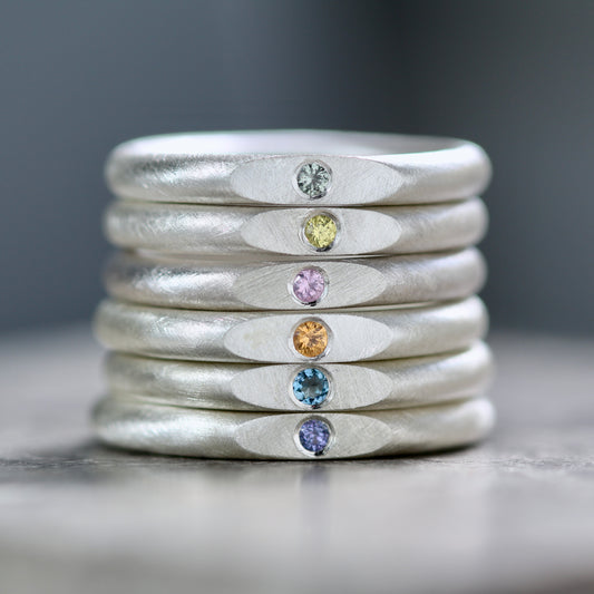 Coloured Sapphire Facet Sterling Silver Band