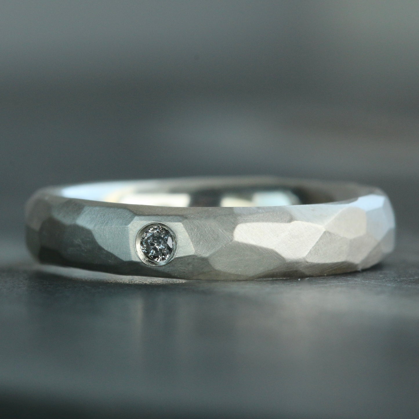 Matte Carved Silver Salt & Pepper Diamond Ring