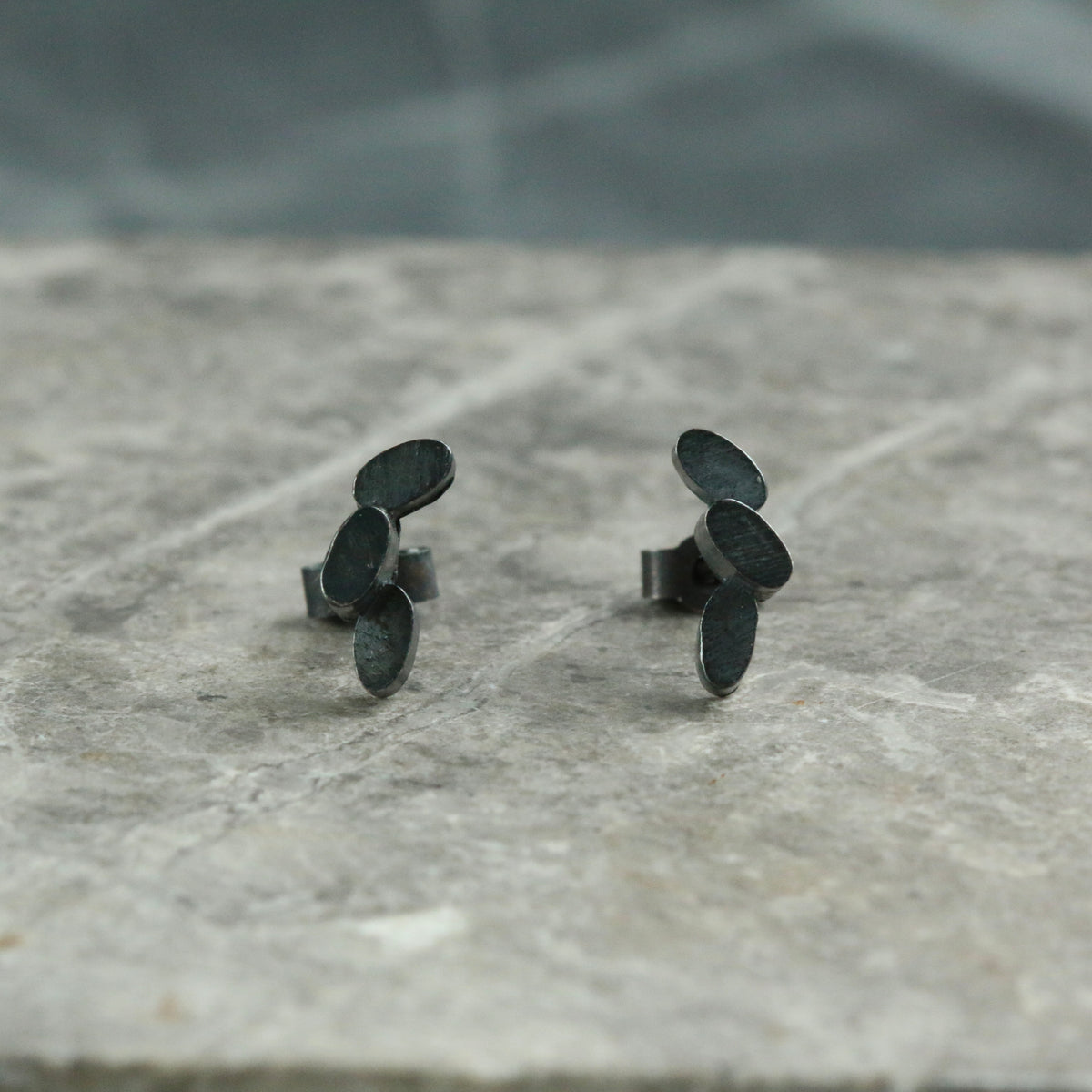 Oxidised Oval Cluster Solid Sterling Silver Stud Earrings