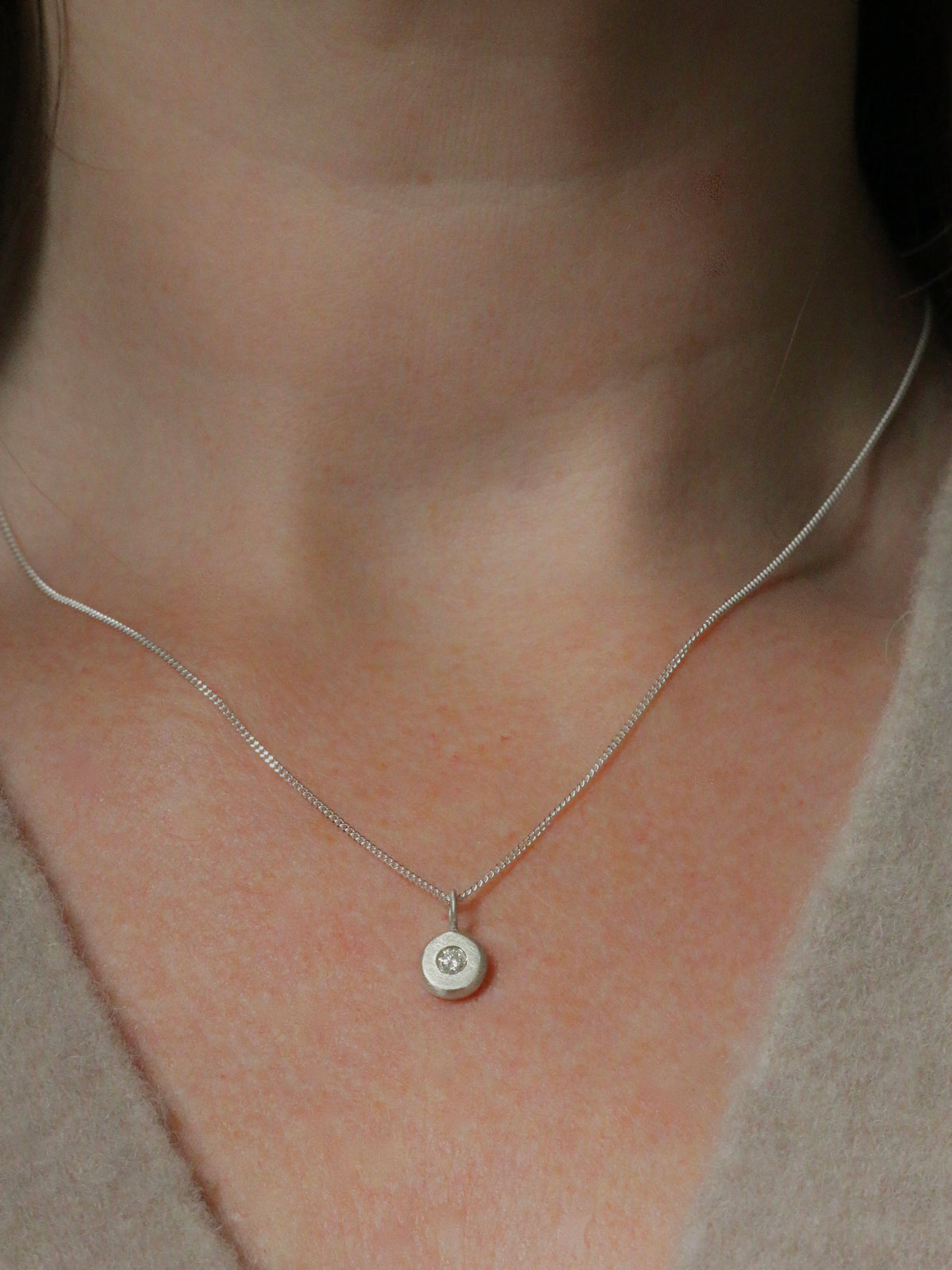 3.2mm Lab Diamond Solid Sterling Silver Pebble Pendant Necklace