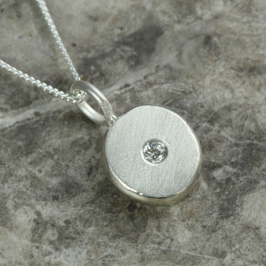 2mm Lab Diamond Solid Sterling Silver Pebble Pendant Necklace