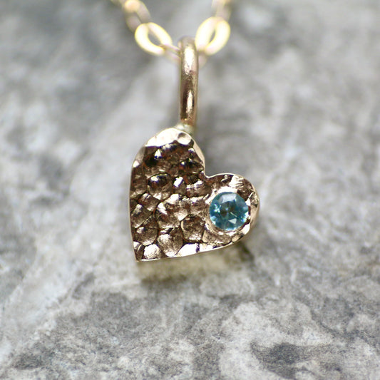 Aquamarine Textured Solid 9ct Yellow Gold Heart Pendant Necklace