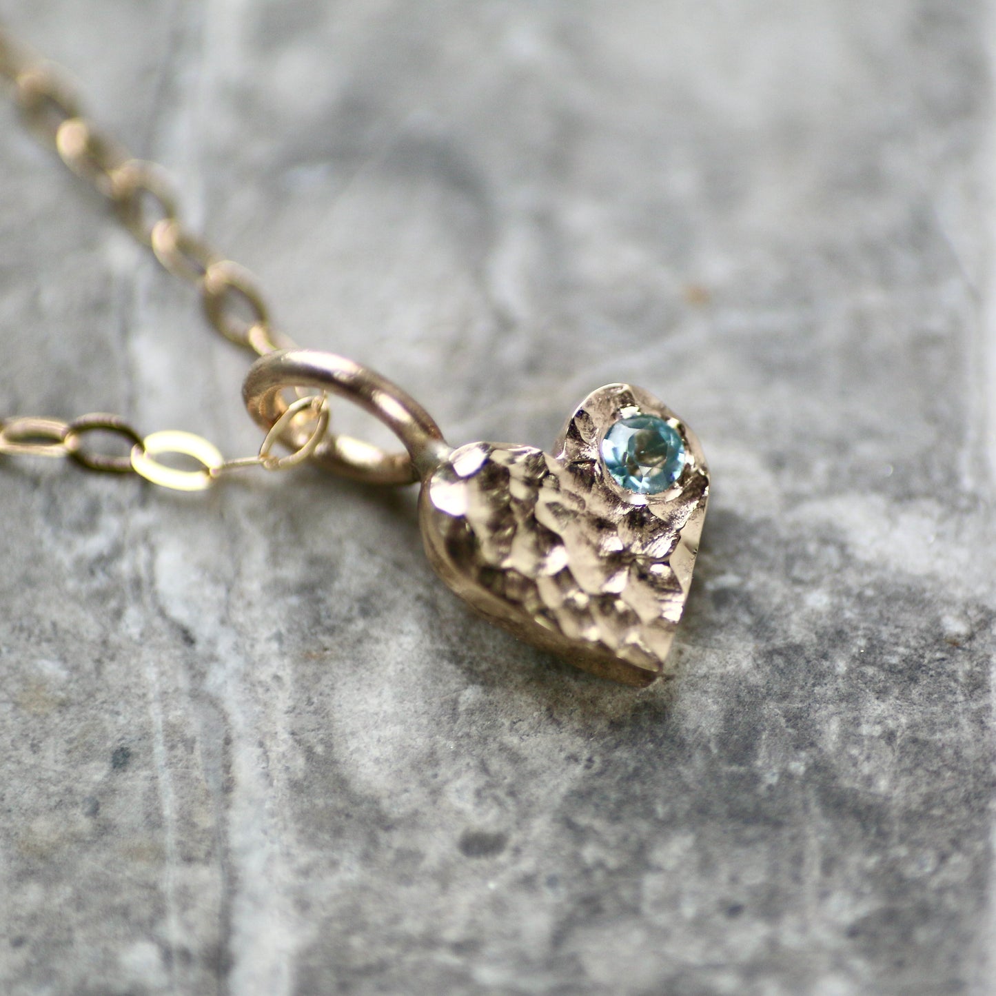 Aquamarine Textured Solid 9ct Yellow Gold Heart Pendant Necklace