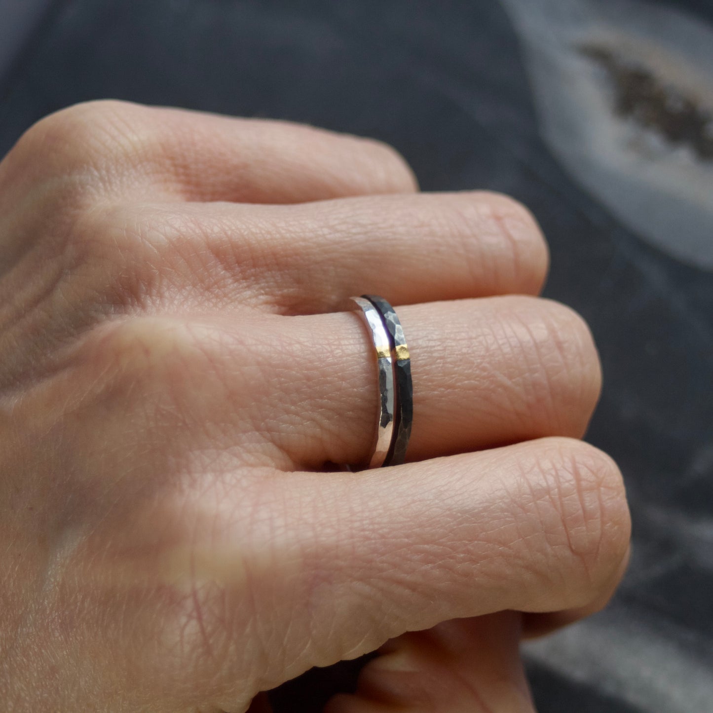 Oxidised Hammered Silver & Gold Skinny Ring image 7