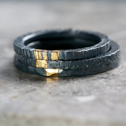 Oxidised Linear Silver & Gold Textured 2mm Ring image 2