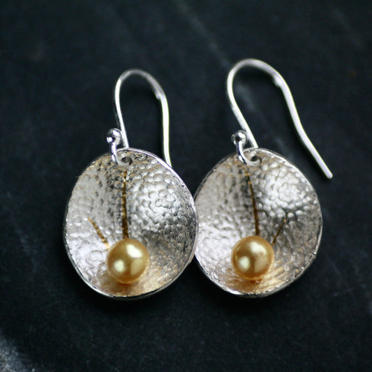 Akoya Golden Pearl Keum Boo Textured Silver Drop Earrings image 0
