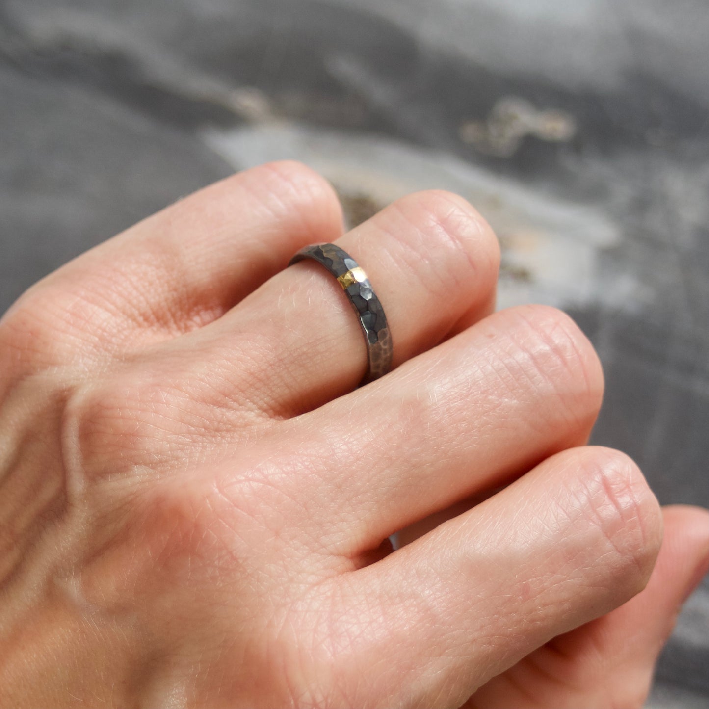 Hammered Oxidised Silver & Gold Textured 4mm Ring image 5