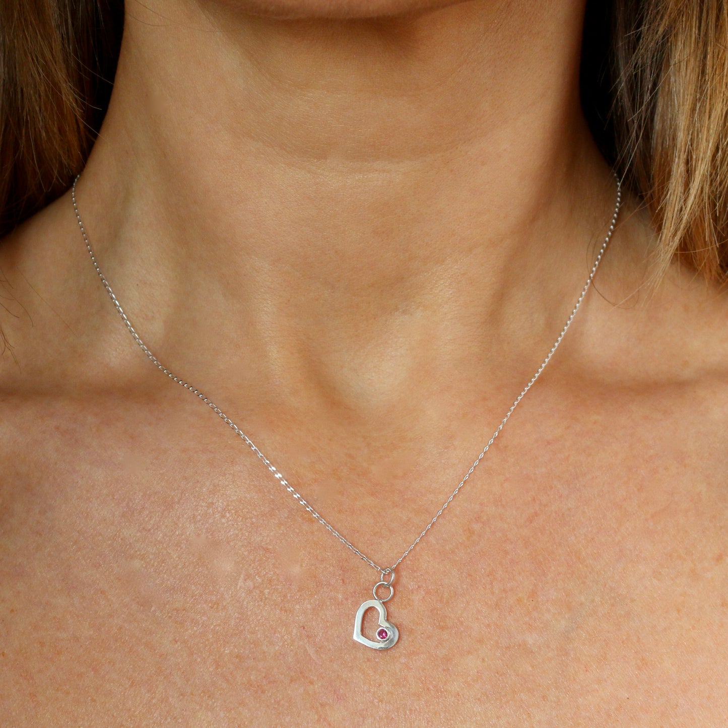Recycled Solid Silver Open Heart & Ruby Pendant Necklace image 2