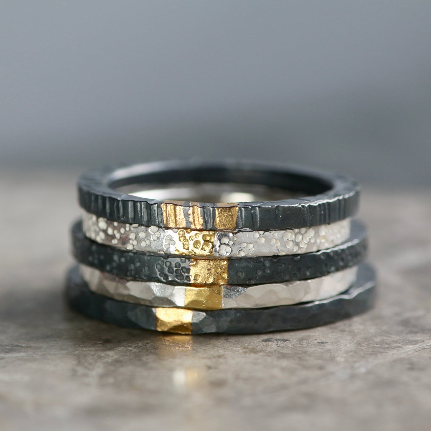 Oxidised Linear Silver & Gold Textured 2mm Ring image 3