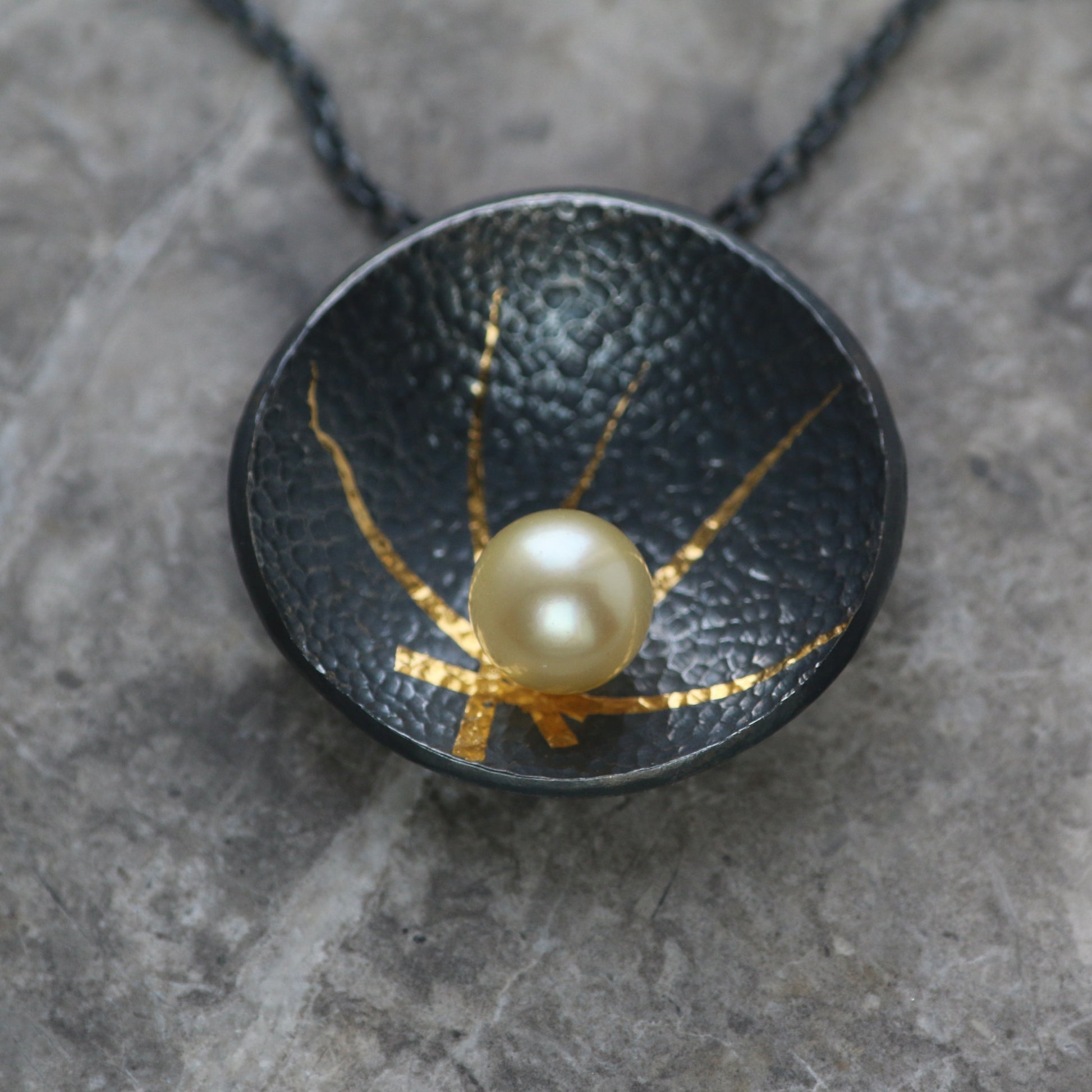 Akoya Pearl Oxidised Silver & Gold Textured Pendant image 5