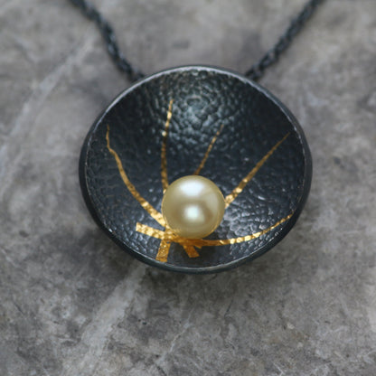 Akoya Pearl Oxidised Silver & Gold Textured Pendant image 5