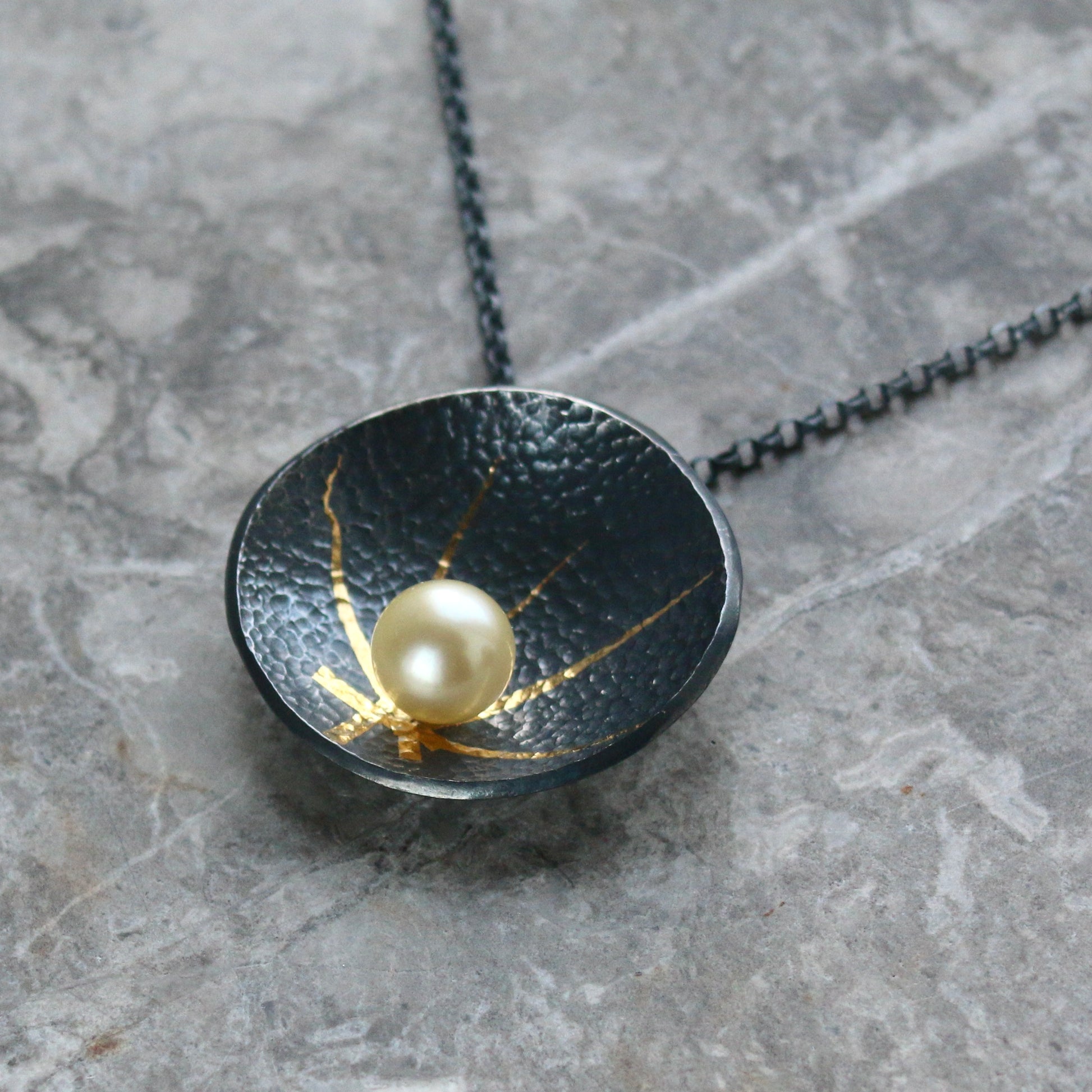 Akoya Pearl Oxidised Silver & Gold Textured Pendant image 1
