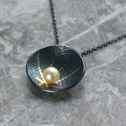 Akoya Pearl Oxidised Silver & Gold Textured Pendant image 1