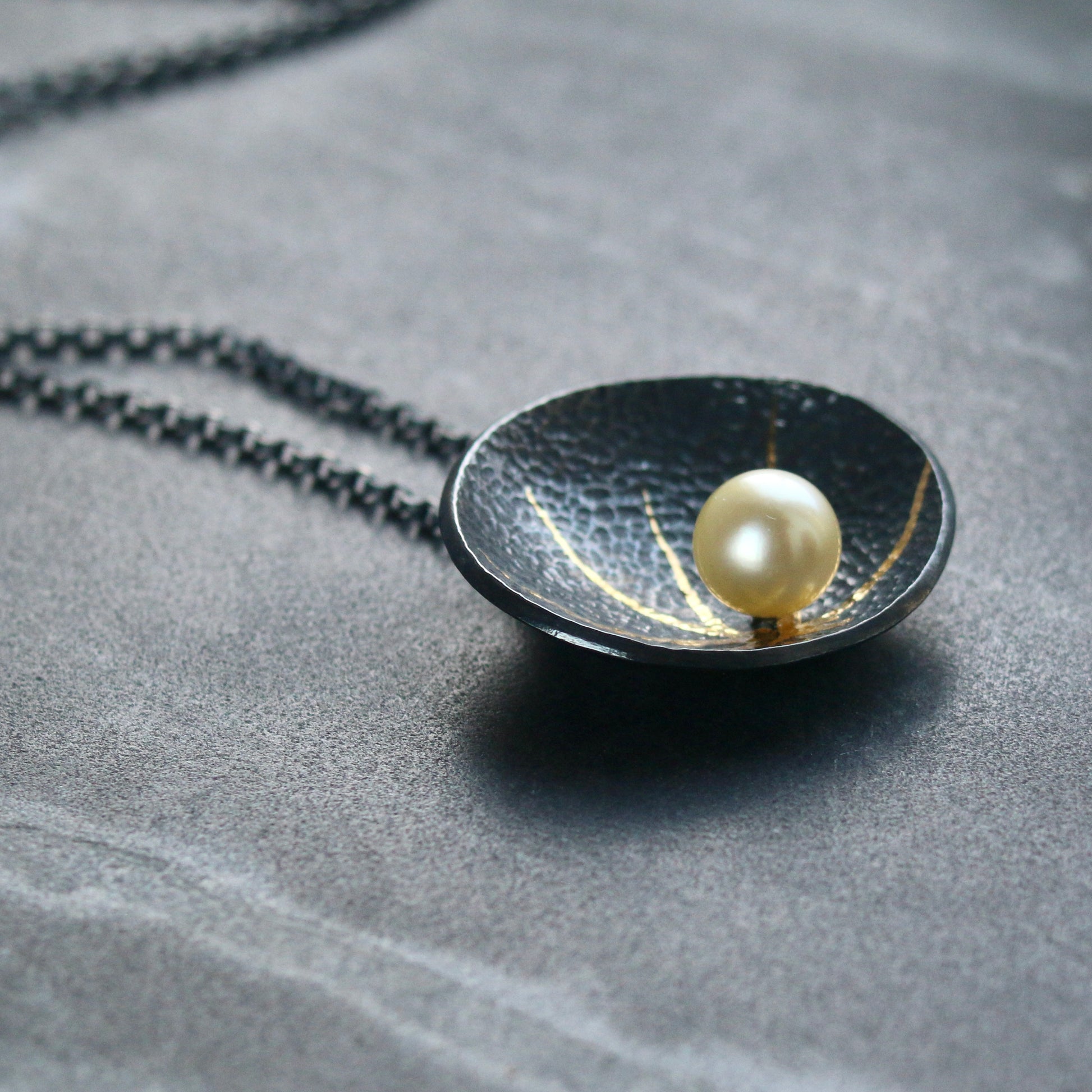 Akoya Pearl Oxidised Silver & Gold Textured Pendant image 7