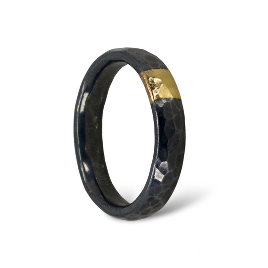 Hammered Oxidised Silver & Gold Textured 4mm Ring image 0