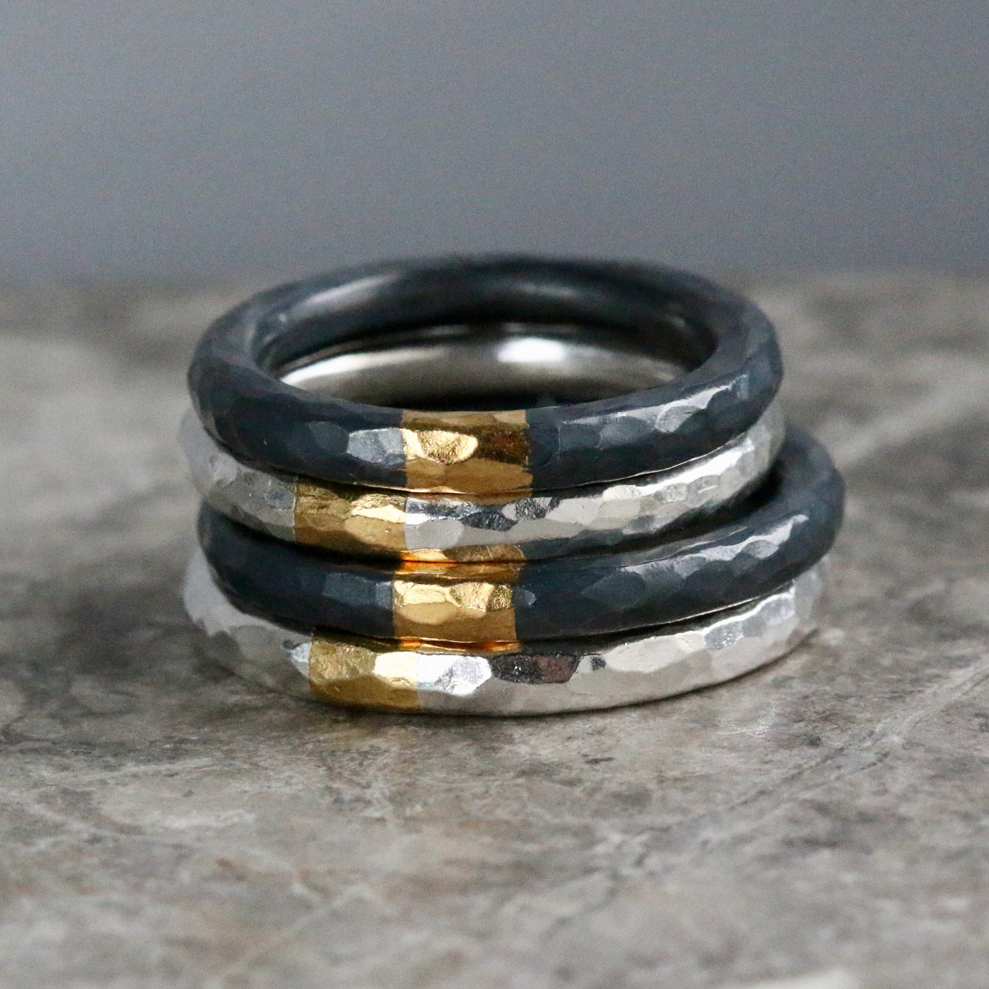 Round 3mm Oxidised Hammered Silver & Gold Ring image 7
