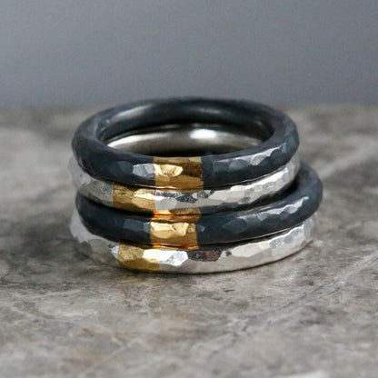 Round 3mm Oxidised Hammered Silver & Gold Ring image 7