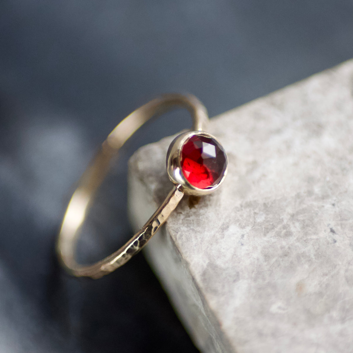 Solid 9ct Gold & Red Almandine Garnet Skinny Stacking Ring UK Size N ½ image 0