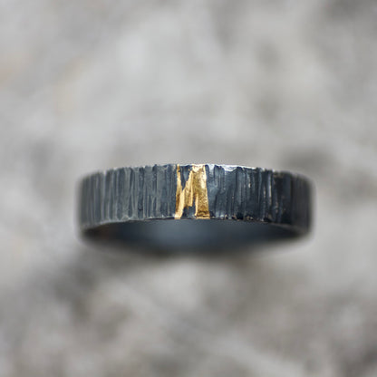 Oxidised Silver & Gold Linear Textured 4mm Ring image 3