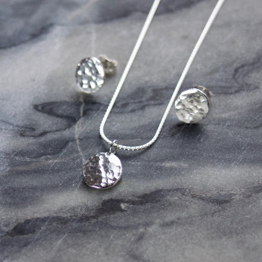 Hammered Recycled Silver Necklace & Earrings Gift Set image 0
