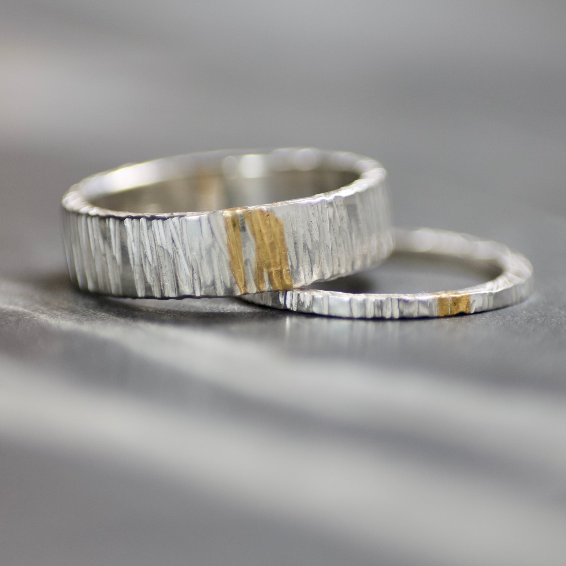 Silver & Gold Linear Textured 4mm Keum Boo Ring image 1