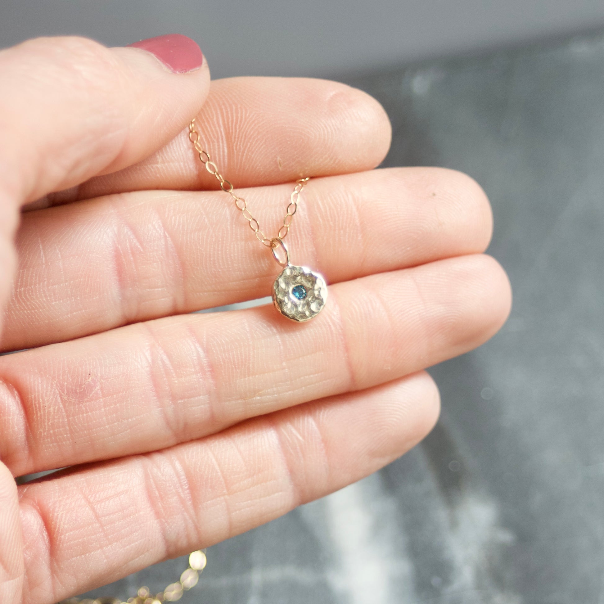 Blue Diamond & Recycled Solid 9ct Yellow Gold Pebble Pendant NecklaceBlue image 2