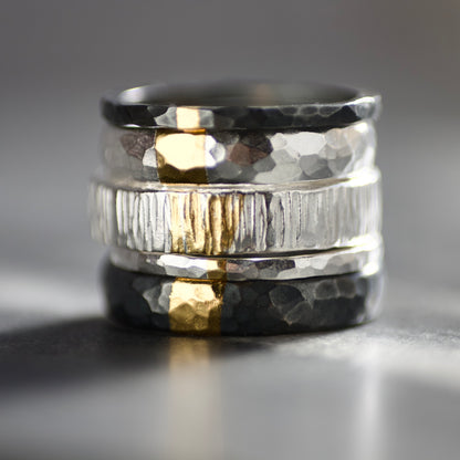 Hammered Oxidised Silver & Gold Textured 4mm Ring image 2
