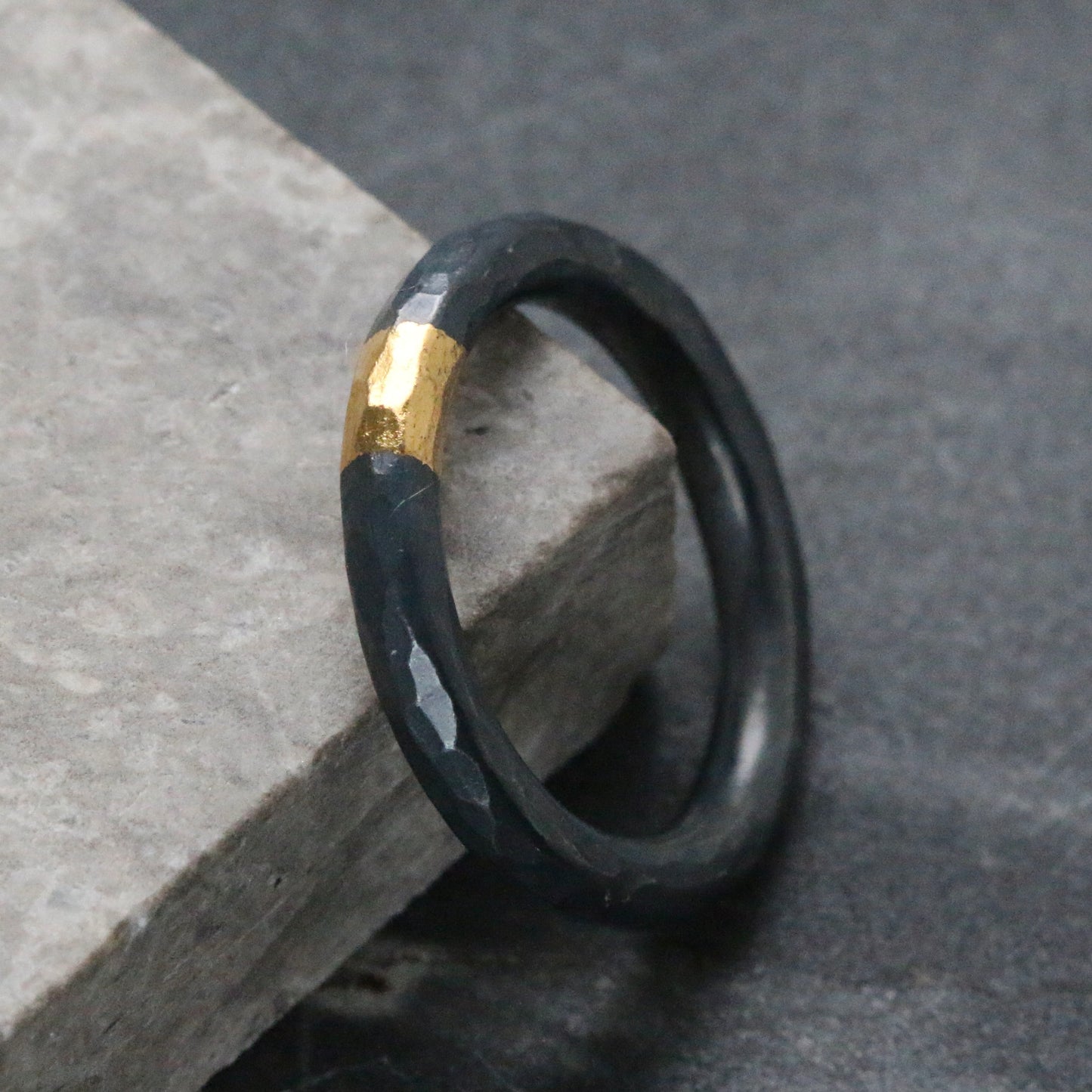 Round 3mm Oxidised Hammered Silver & Gold Ring image 2