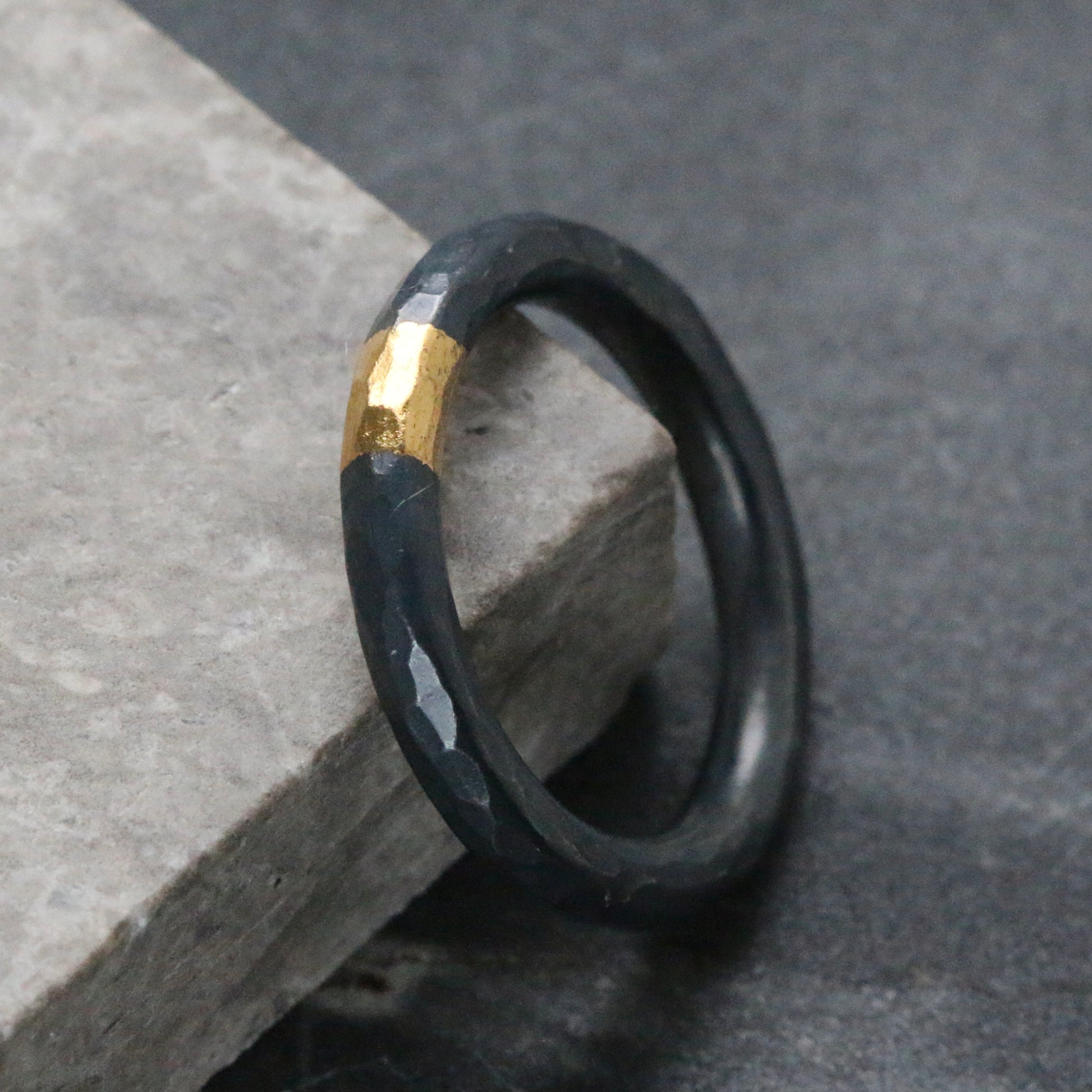 Round 3mm Oxidised Hammered Silver & Gold Ring image 2