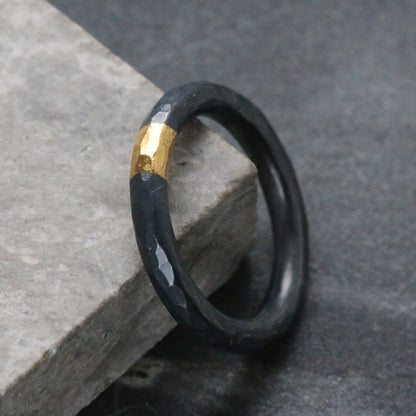 Round 3mm Oxidised Hammered Silver & Gold Ring image 2