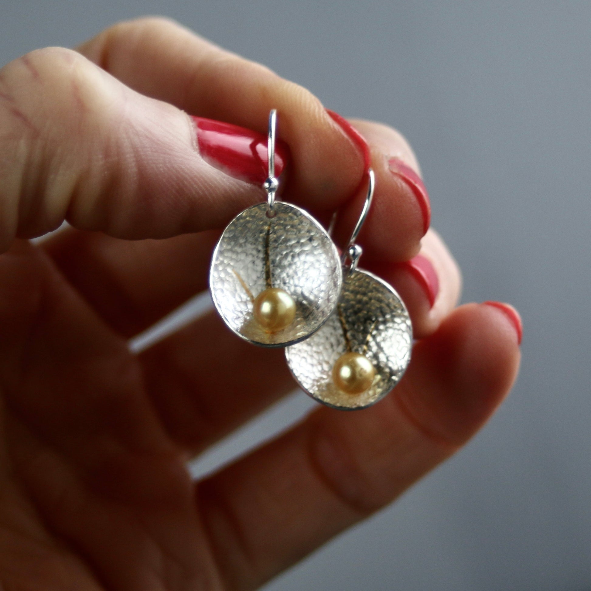 Akoya Golden Pearl Keum Boo Textured Silver Drop Earrings image 3