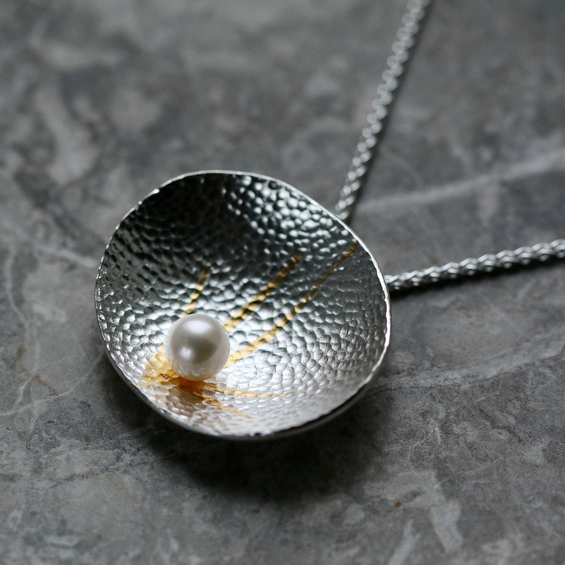 Silver and Gold Keum Boo & Pearl Pendant Necklace image 3