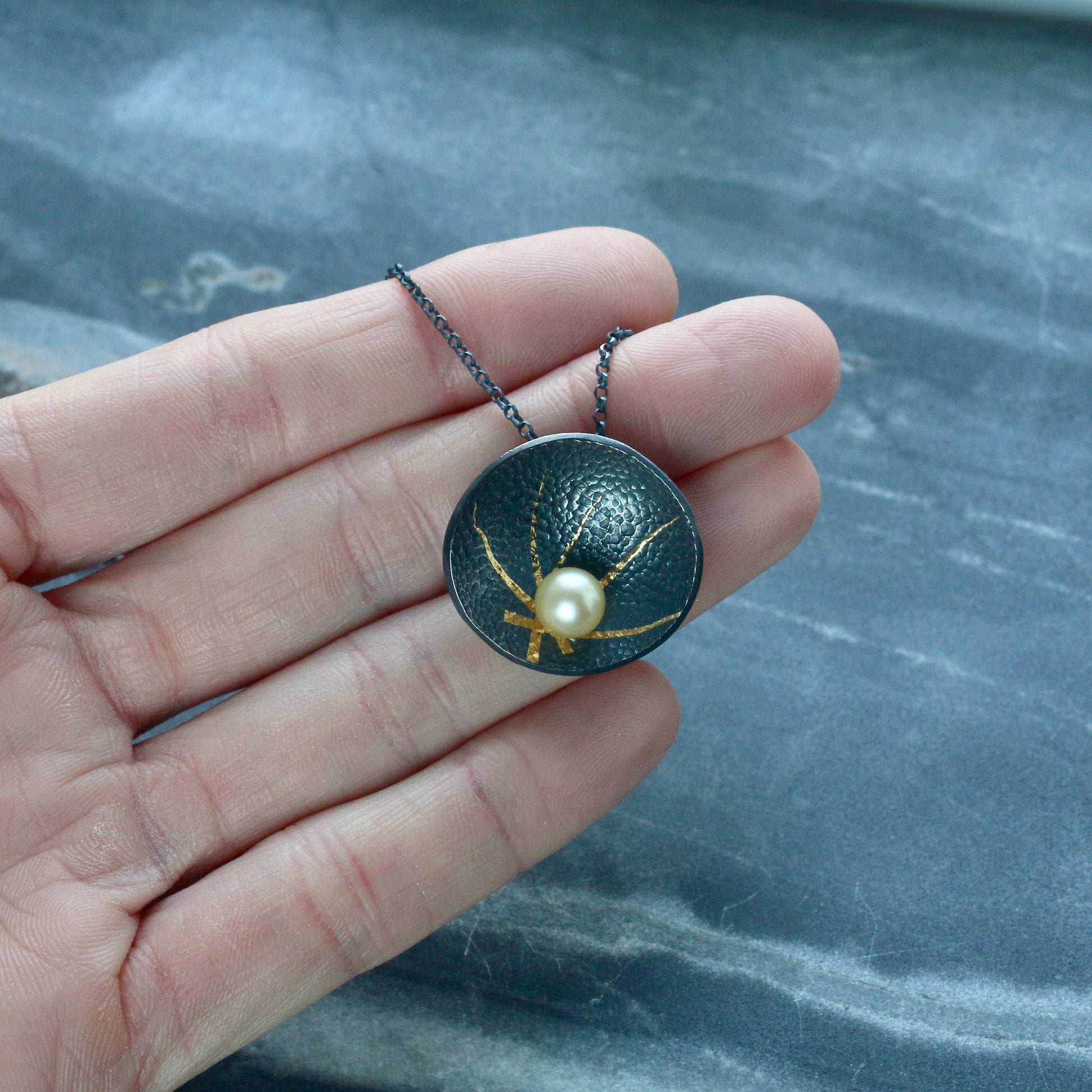 Akoya Pearl Oxidised Silver & Gold Textured Pendant image 3